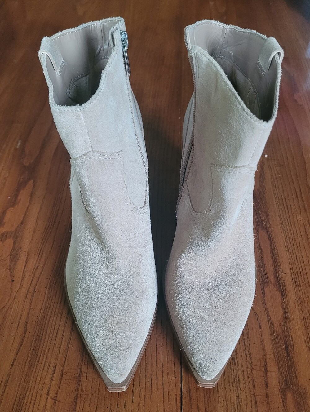 Vince Camuto Suede Pointed Toe Ankle Boots in Light Beige.